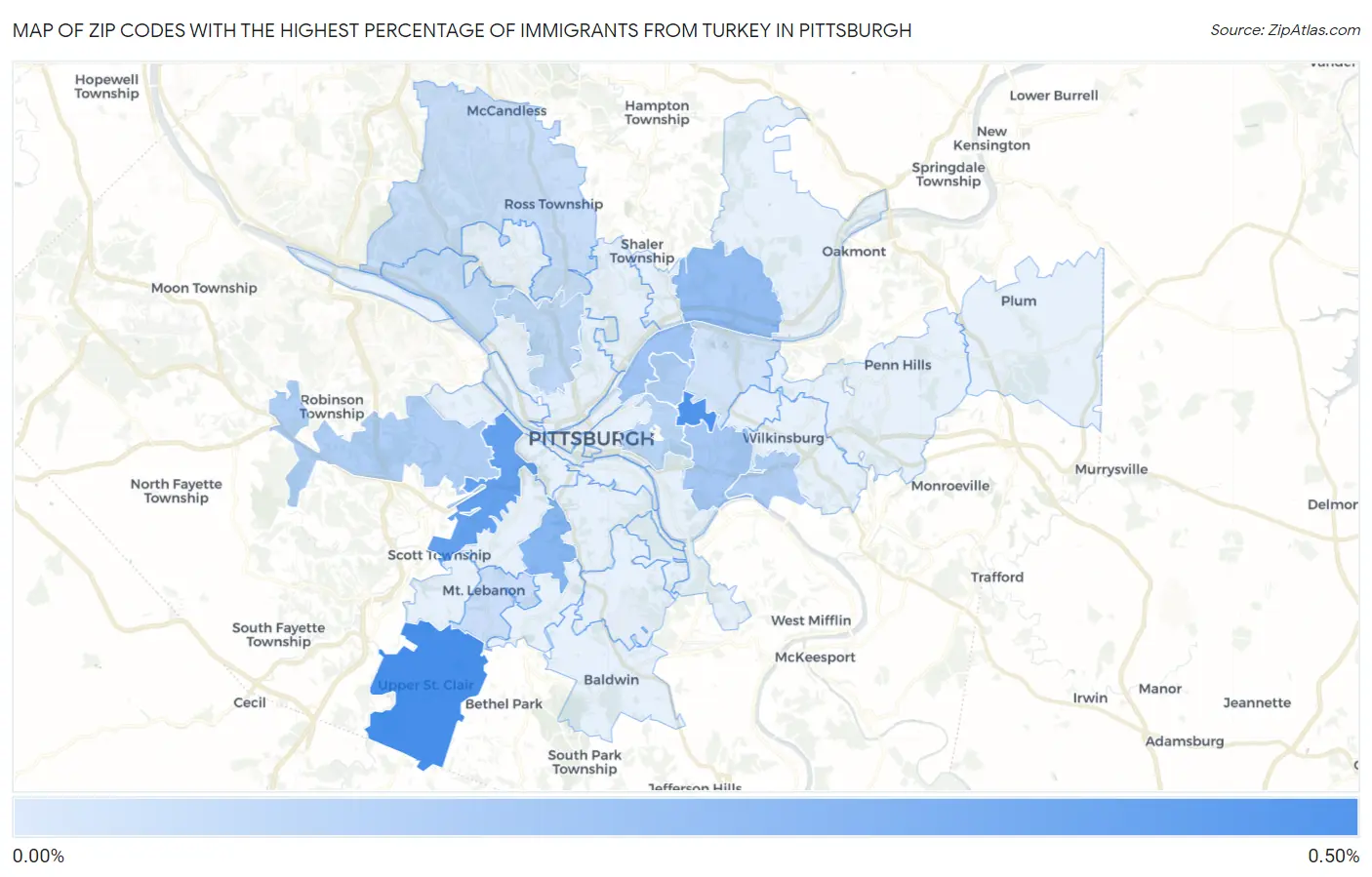 Zip Codes with the Highest Percentage of Immigrants from Turkey in Pittsburgh Map