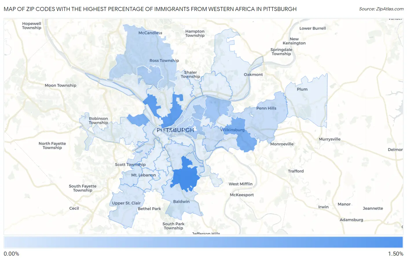 Zip Codes with the Highest Percentage of Immigrants from Western Africa in Pittsburgh Map