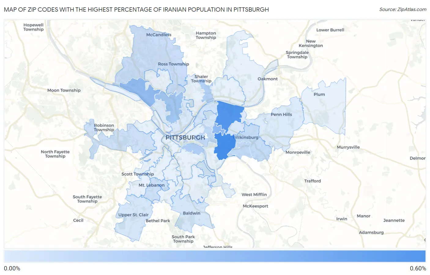 Zip Codes with the Highest Percentage of Iranian Population in Pittsburgh Map