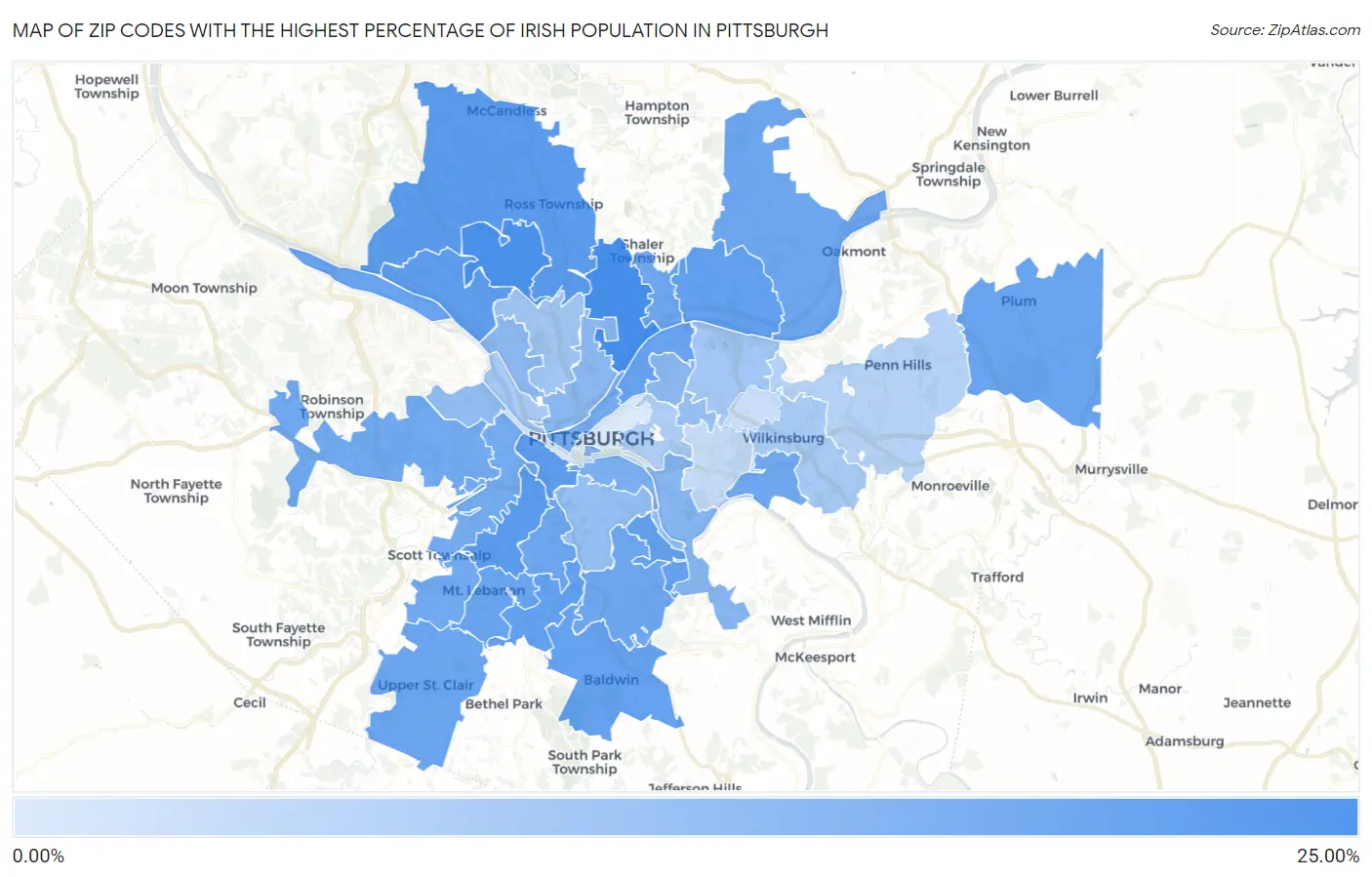 Zip Codes with the Highest Percentage of Irish Population in Pittsburgh Map