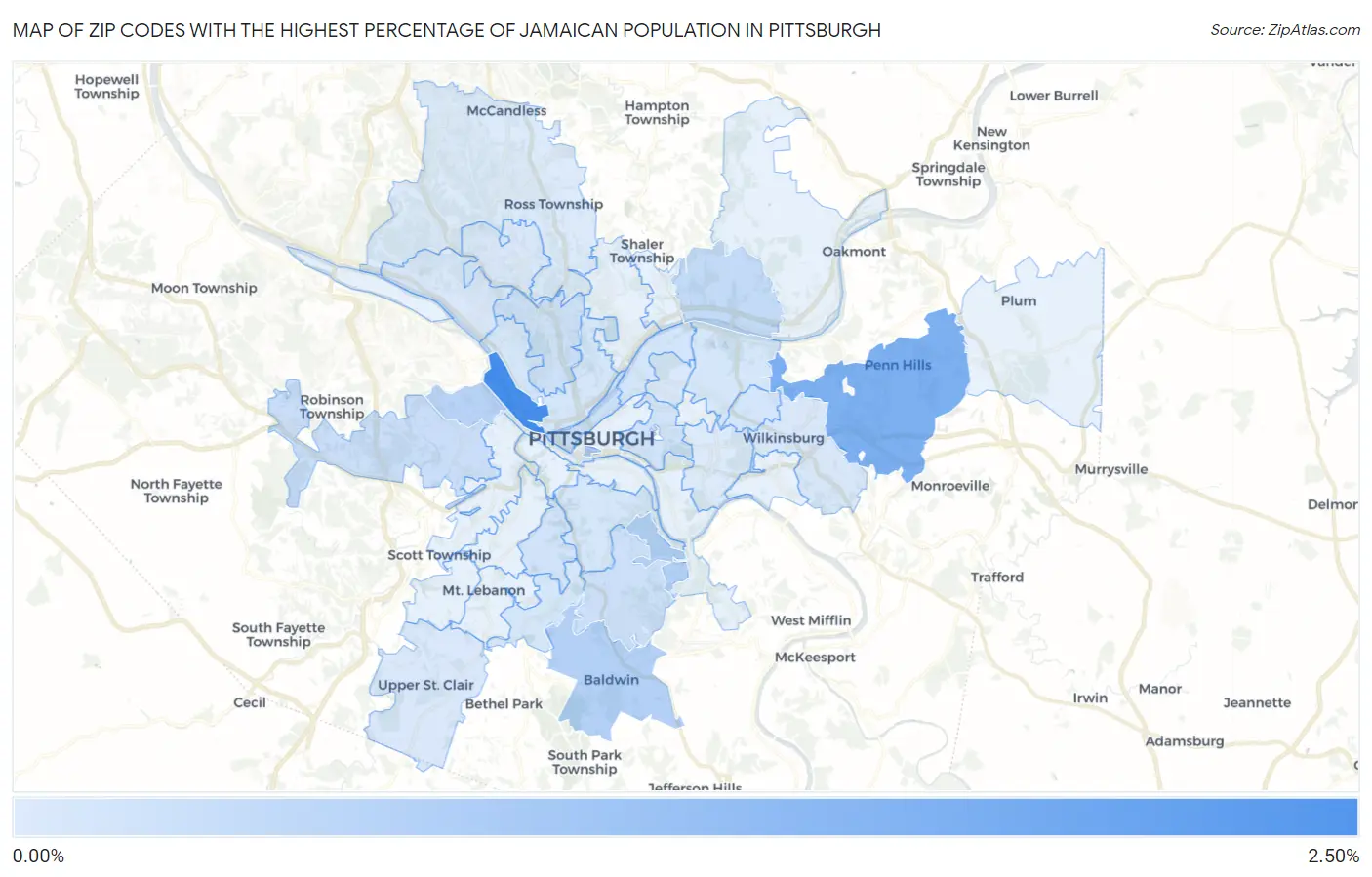 Zip Codes with the Highest Percentage of Jamaican Population in Pittsburgh Map