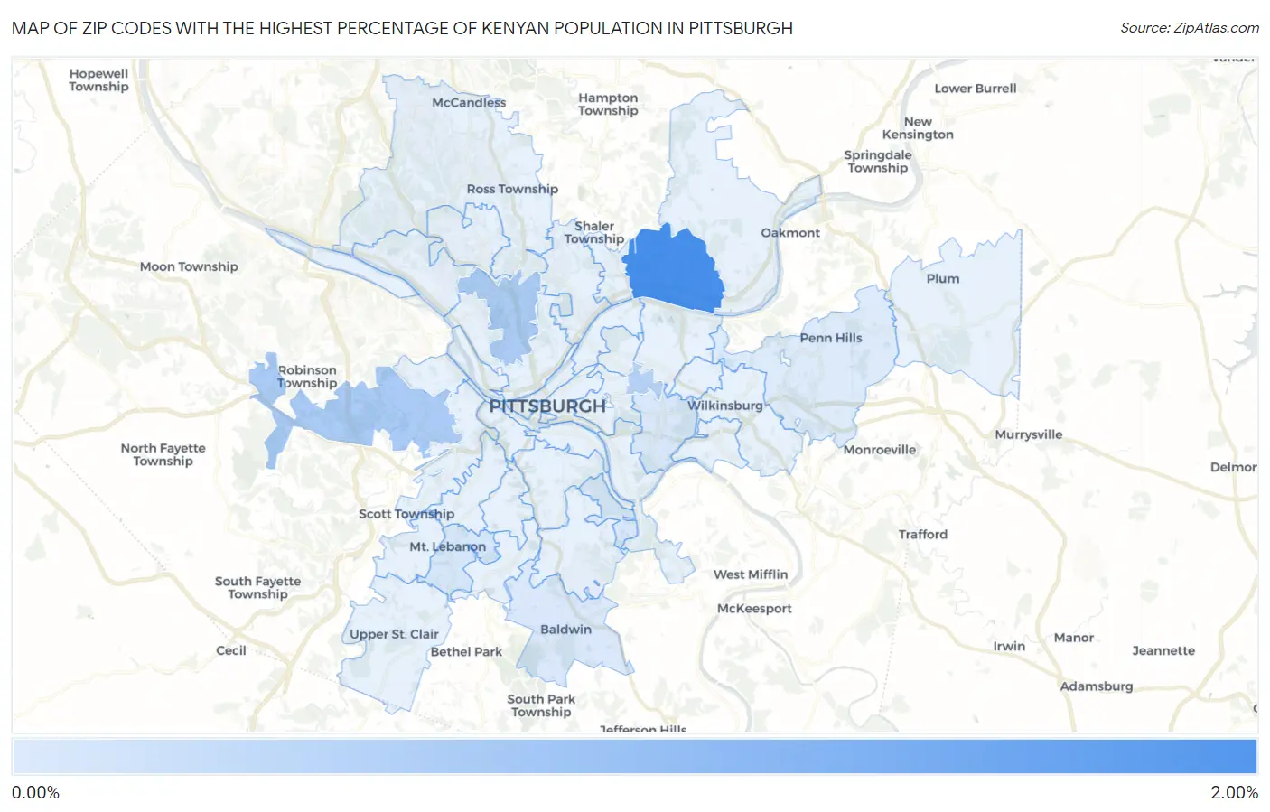 Zip Codes with the Highest Percentage of Kenyan Population in Pittsburgh Map