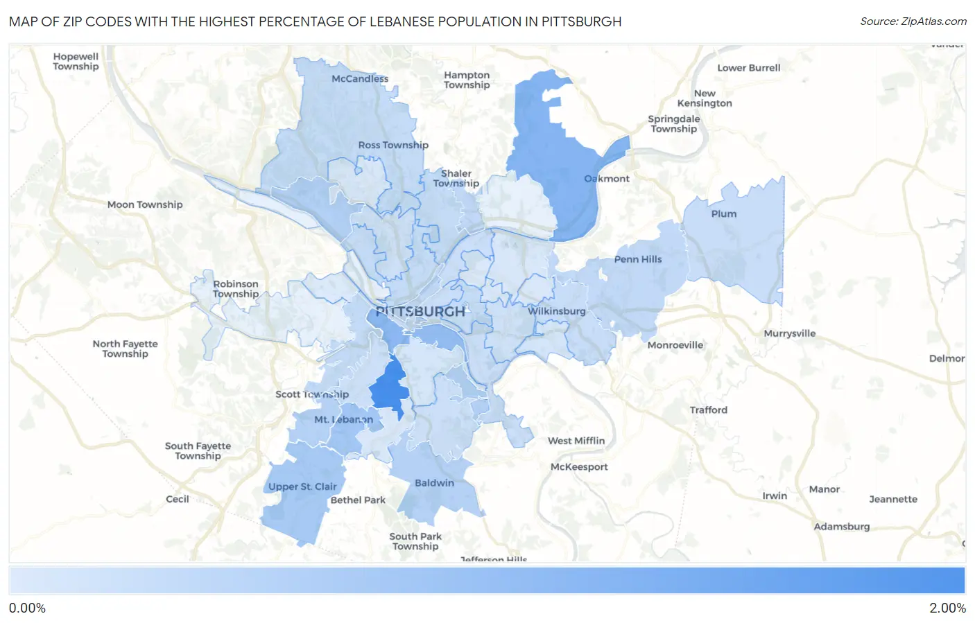 Zip Codes with the Highest Percentage of Lebanese Population in Pittsburgh Map