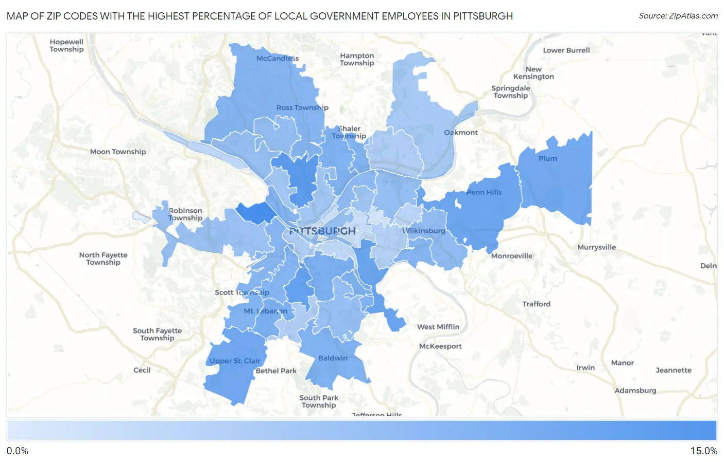 Zip Codes with the Highest Percentage of Local Government Employees in Pittsburgh Map