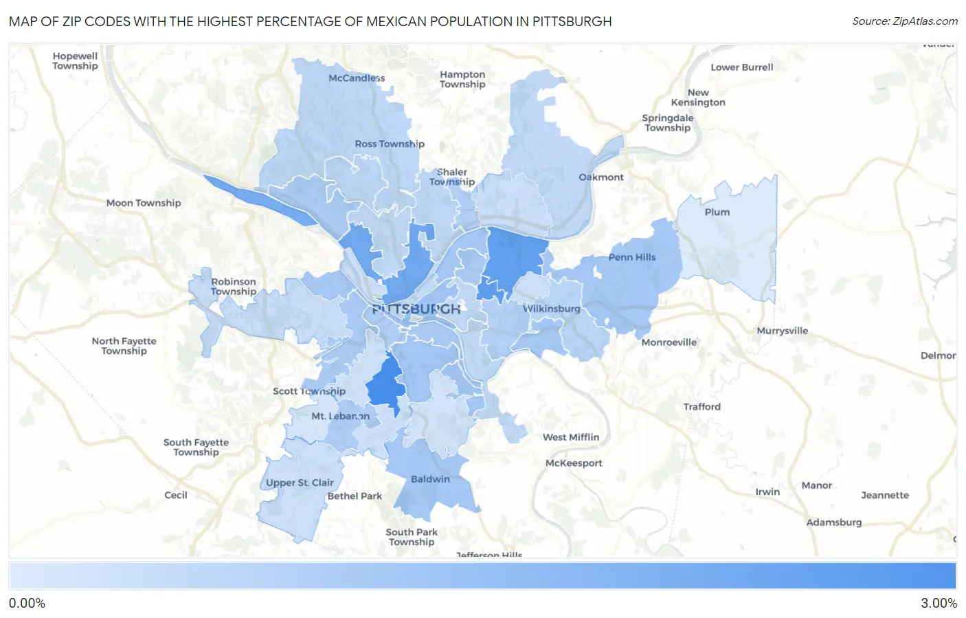 Zip Codes with the Highest Percentage of Mexican Population in Pittsburgh Map