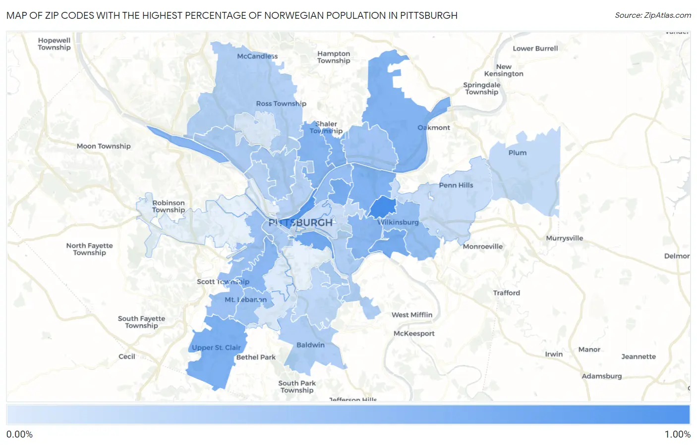 Zip Codes with the Highest Percentage of Norwegian Population in Pittsburgh Map