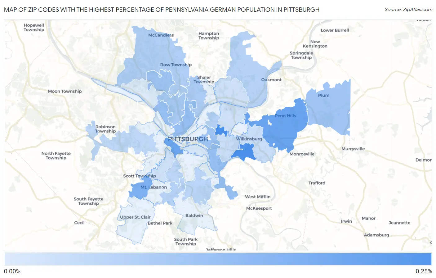 Zip Codes with the Highest Percentage of Pennsylvania German Population in Pittsburgh Map