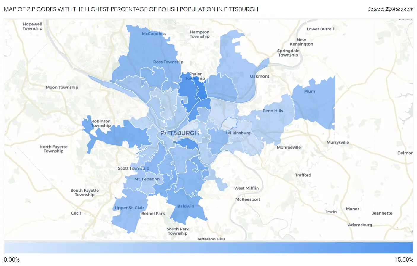 Zip Codes with the Highest Percentage of Polish Population in Pittsburgh Map