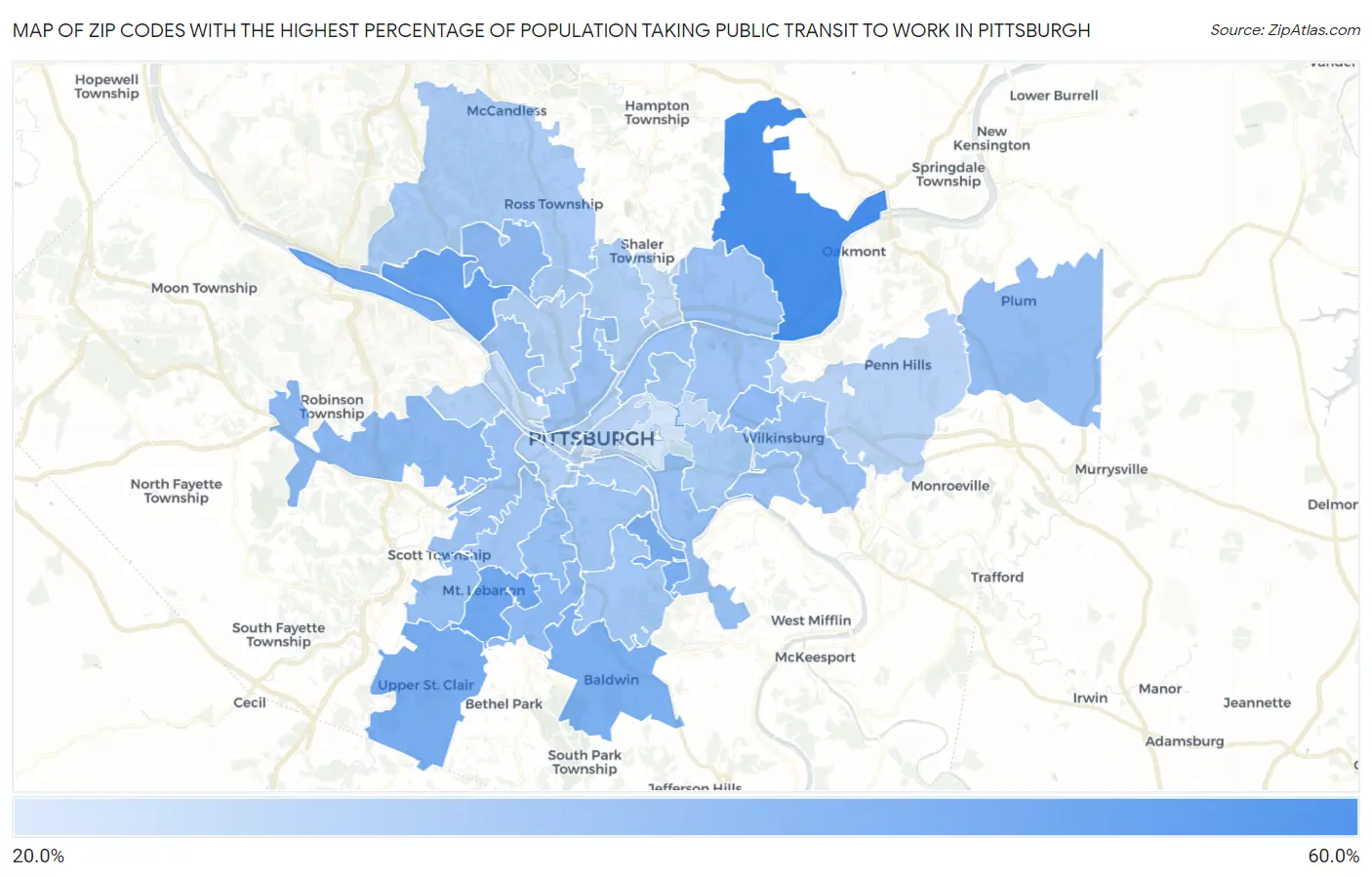 Zip Codes with the Highest Percentage of Population Taking Public Transit to Work in Pittsburgh Map