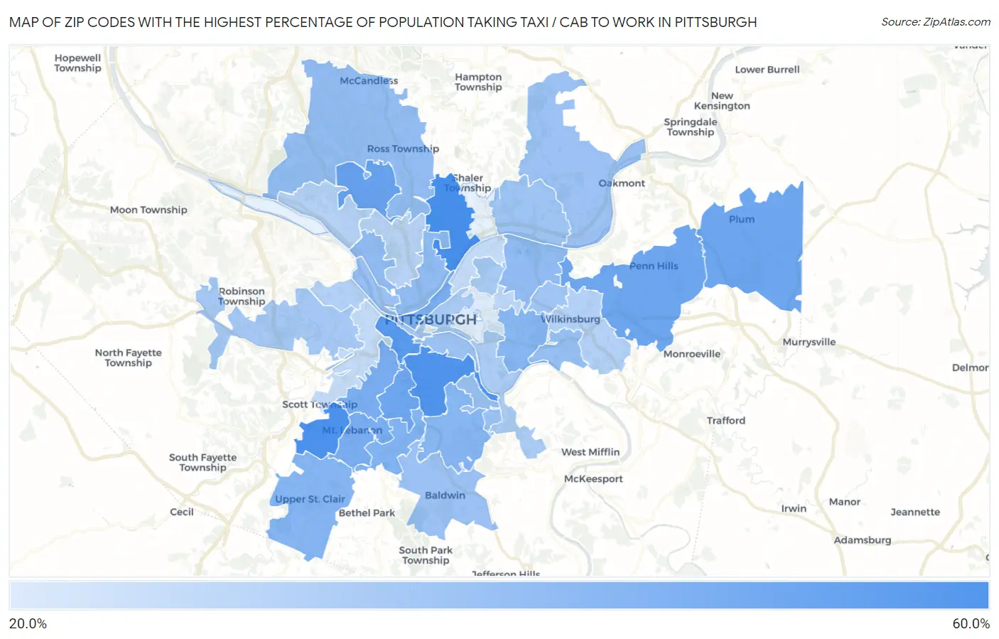 Zip Codes with the Highest Percentage of Population Taking Taxi / Cab to Work in Pittsburgh Map