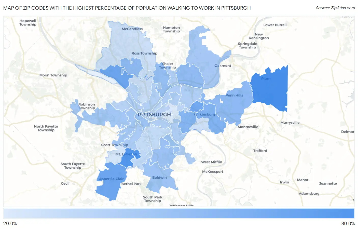 Zip Codes with the Highest Percentage of Population Walking to Work in Pittsburgh Map