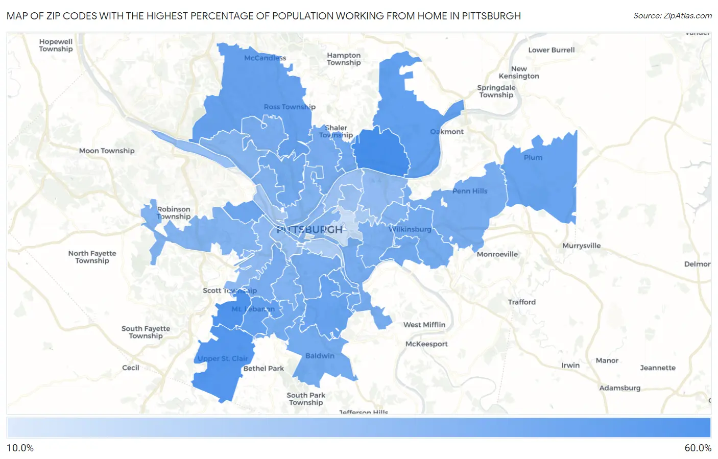 Zip Codes with the Highest Percentage of Population Working from Home in Pittsburgh Map