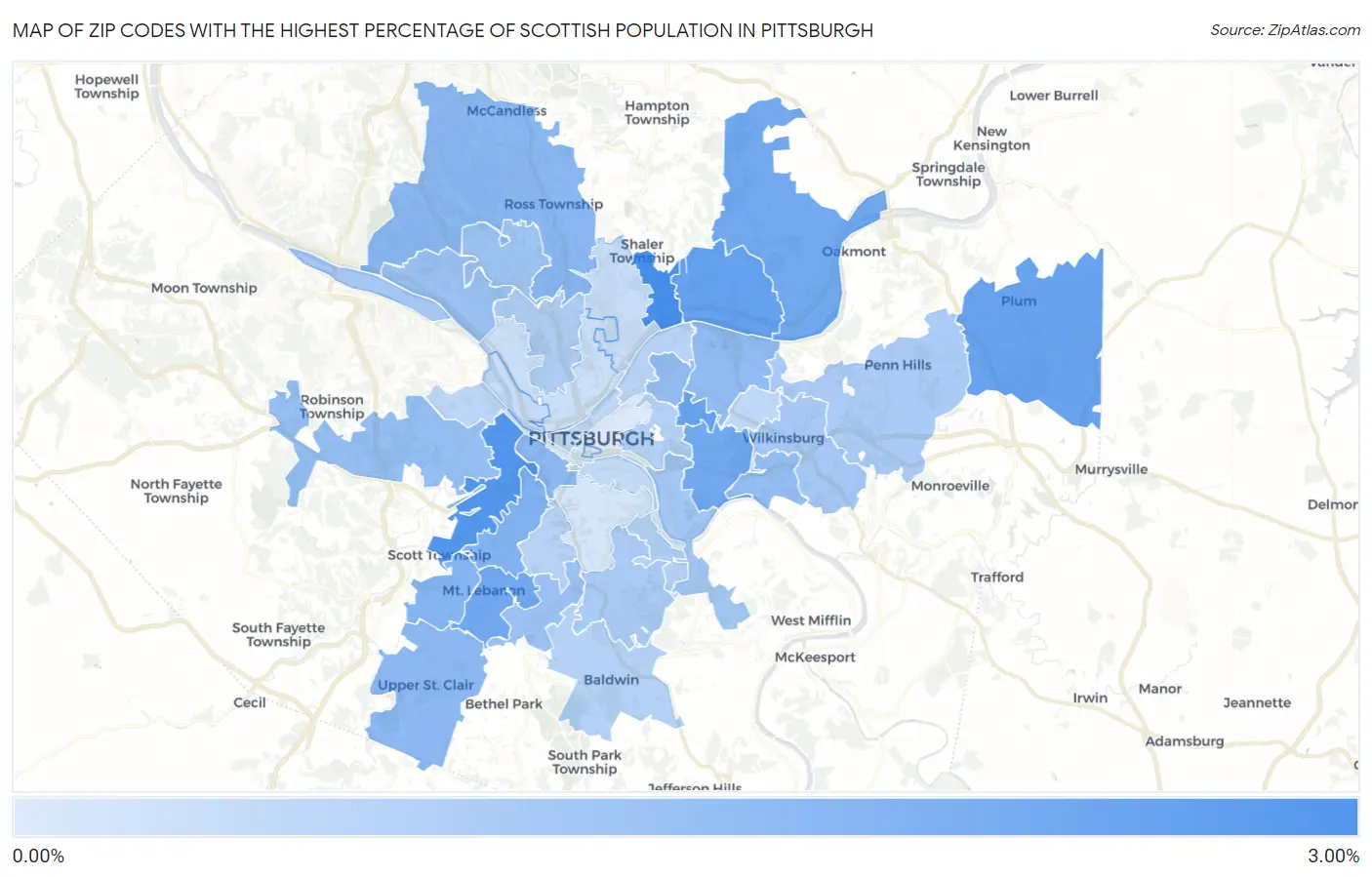 Zip Codes with the Highest Percentage of Scottish Population in Pittsburgh Map