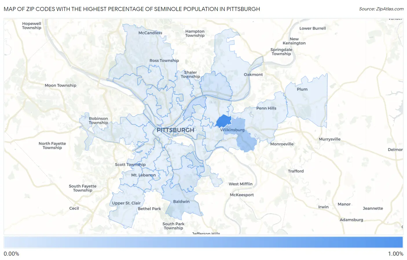 Zip Codes with the Highest Percentage of Seminole Population in Pittsburgh Map