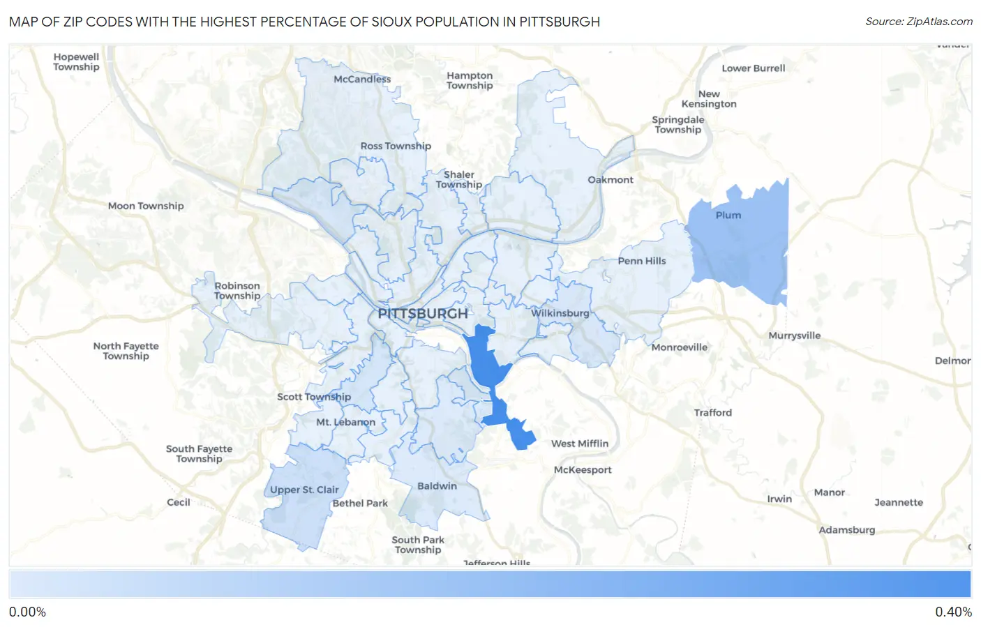 Zip Codes with the Highest Percentage of Sioux Population in Pittsburgh Map