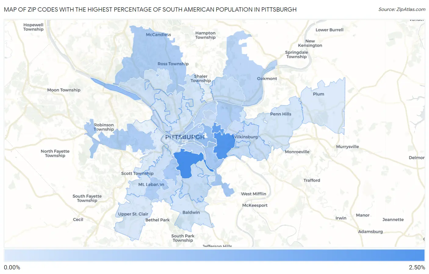 Zip Codes with the Highest Percentage of South American Population in Pittsburgh Map