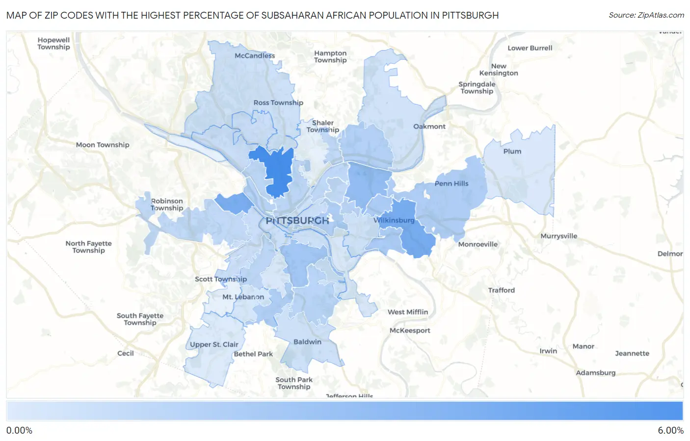 Zip Codes with the Highest Percentage of Subsaharan African Population in Pittsburgh Map