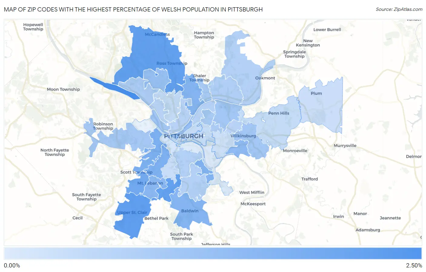 Zip Codes with the Highest Percentage of Welsh Population in Pittsburgh Map