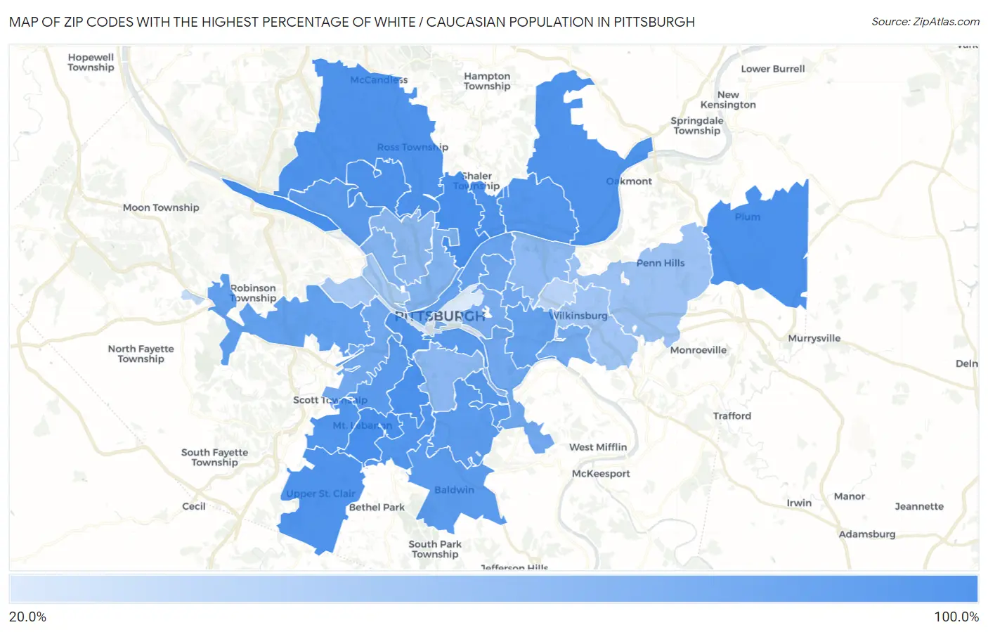 Zip Codes with the Highest Percentage of White / Caucasian Population in Pittsburgh Map