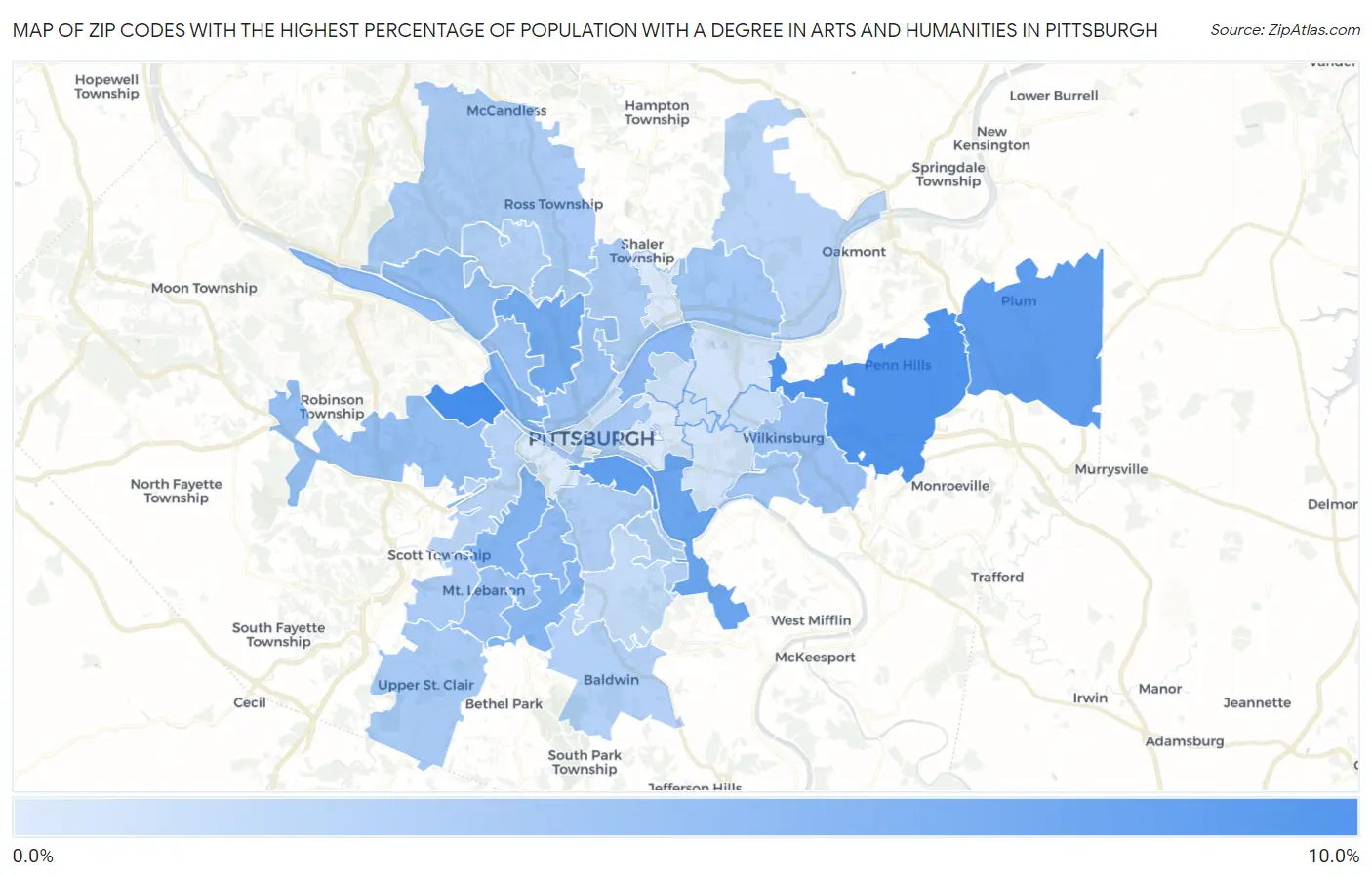 Zip Codes with the Highest Percentage of Population with a Degree in Arts and Humanities in Pittsburgh Map