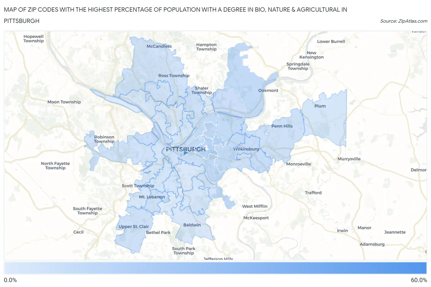 Zip Codes with the Highest Percentage of Population with a Degree in Bio, Nature & Agricultural in Pittsburgh Map