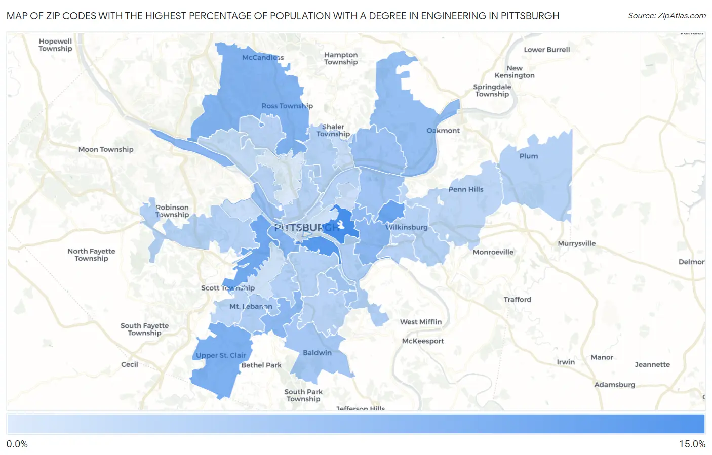 Zip Codes with the Highest Percentage of Population with a Degree in Engineering in Pittsburgh Map