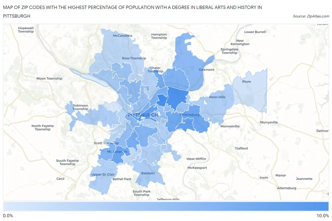 Zip Codes with the Highest Percentage of Population with a Degree in Liberal Arts and History in Pittsburgh Map