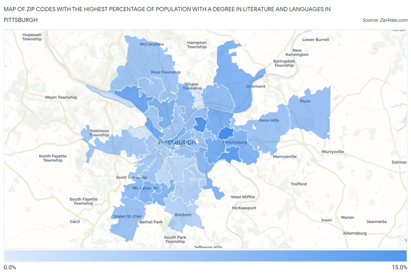 Zip Codes with the Highest Percentage of Population with a Degree in Literature and Languages in Pittsburgh Map