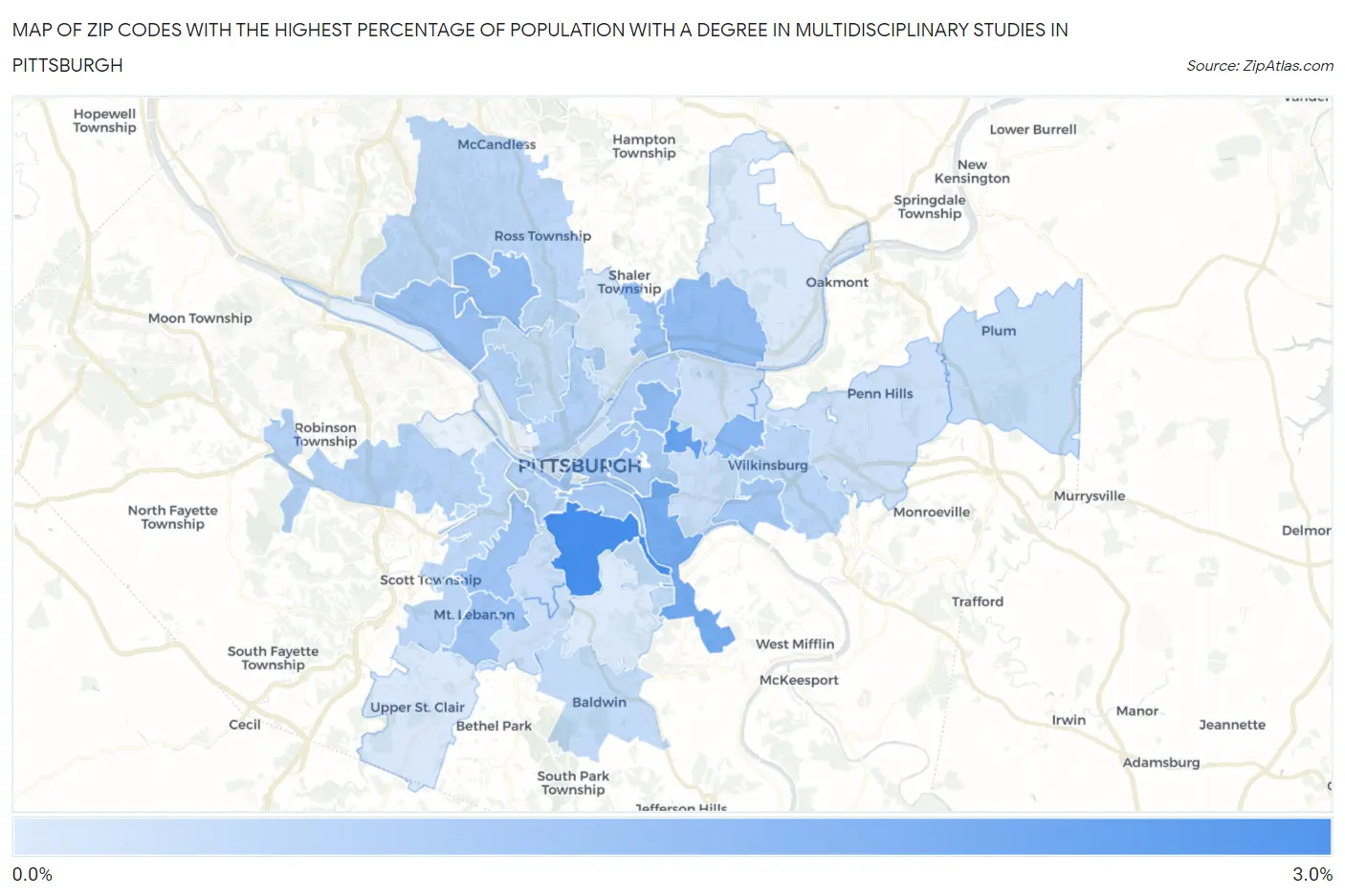 Zip Codes with the Highest Percentage of Population with a Degree in Multidisciplinary Studies in Pittsburgh Map