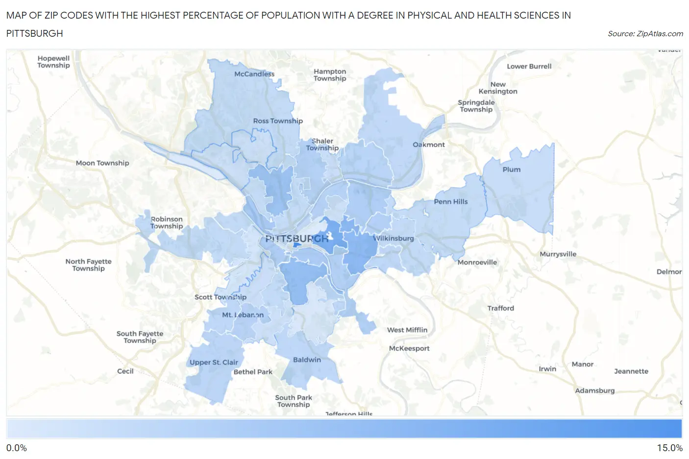 Zip Codes with the Highest Percentage of Population with a Degree in Physical and Health Sciences in Pittsburgh Map