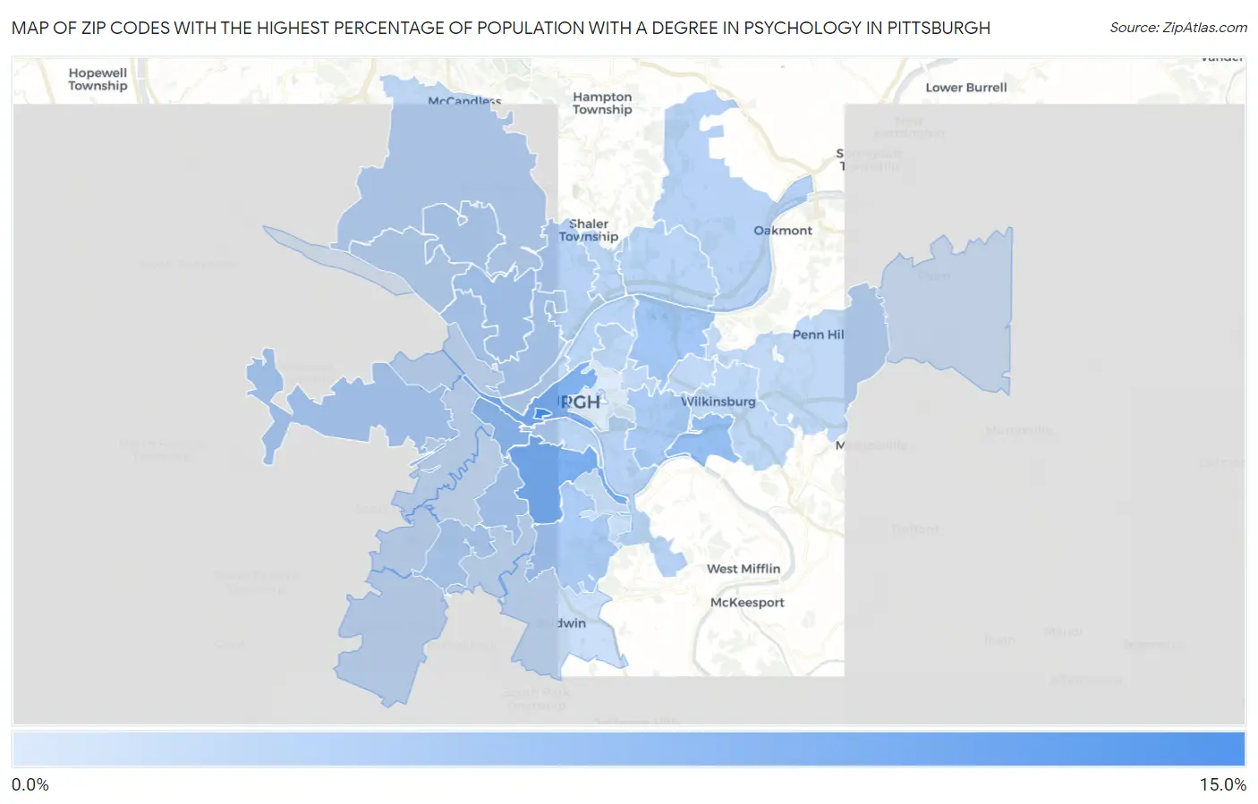 Zip Codes with the Highest Percentage of Population with a Degree in Psychology in Pittsburgh Map
