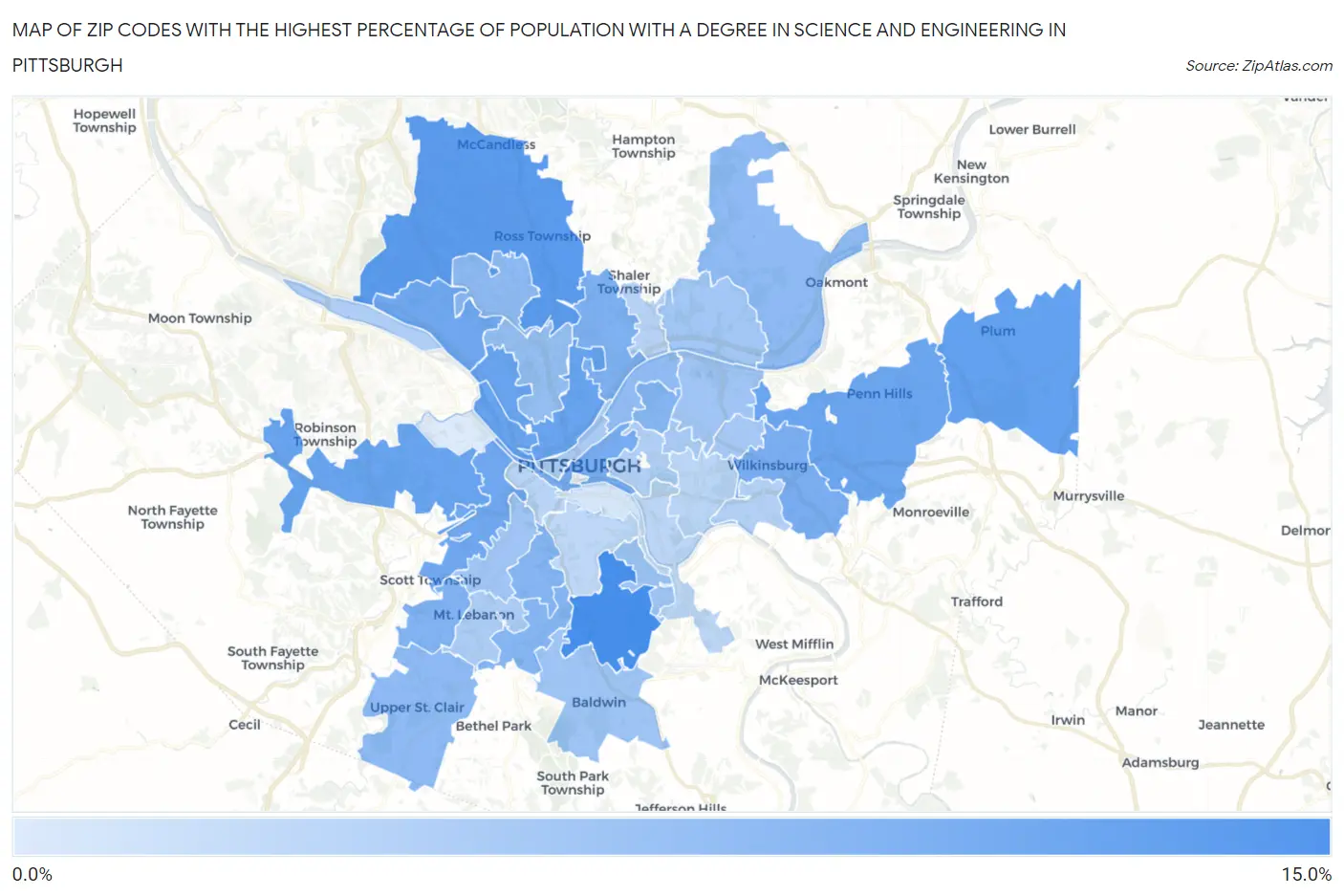 Zip Codes with the Highest Percentage of Population with a Degree in Science and Engineering in Pittsburgh Map