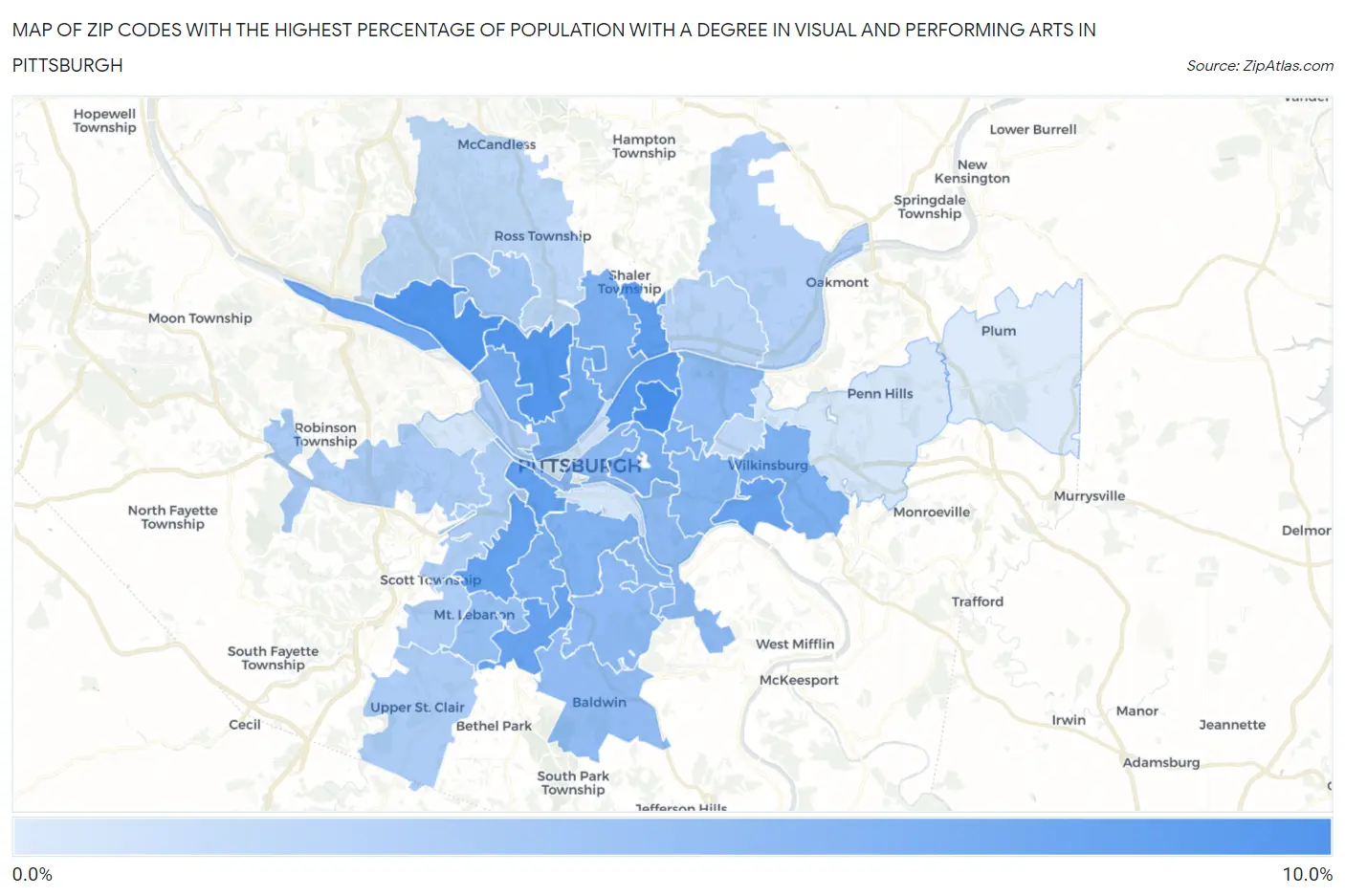 Zip Codes with the Highest Percentage of Population with a Degree in Visual and Performing Arts in Pittsburgh Map