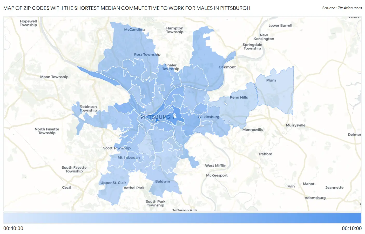 Zip Codes with the Shortest Median Commute Time to Work for Males in Pittsburgh Map