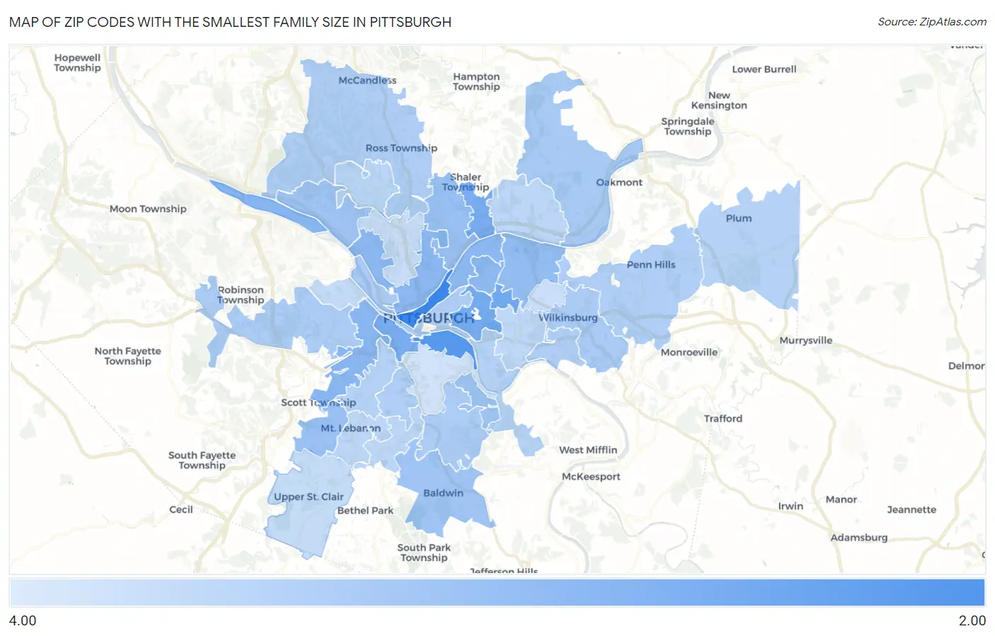Zip Codes with the Smallest Family Size in Pittsburgh Map