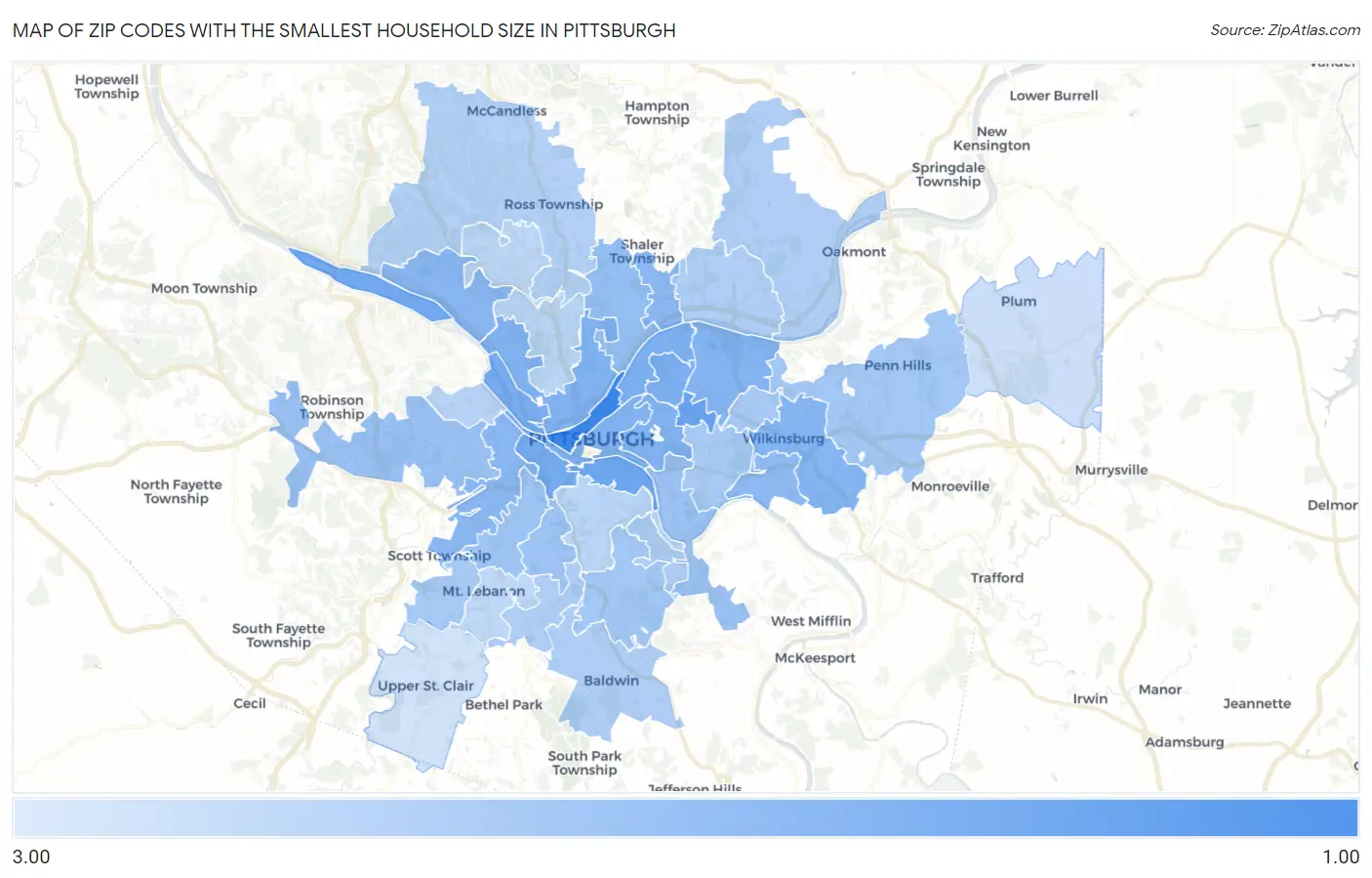 Zip Codes with the Smallest Household Size in Pittsburgh Map