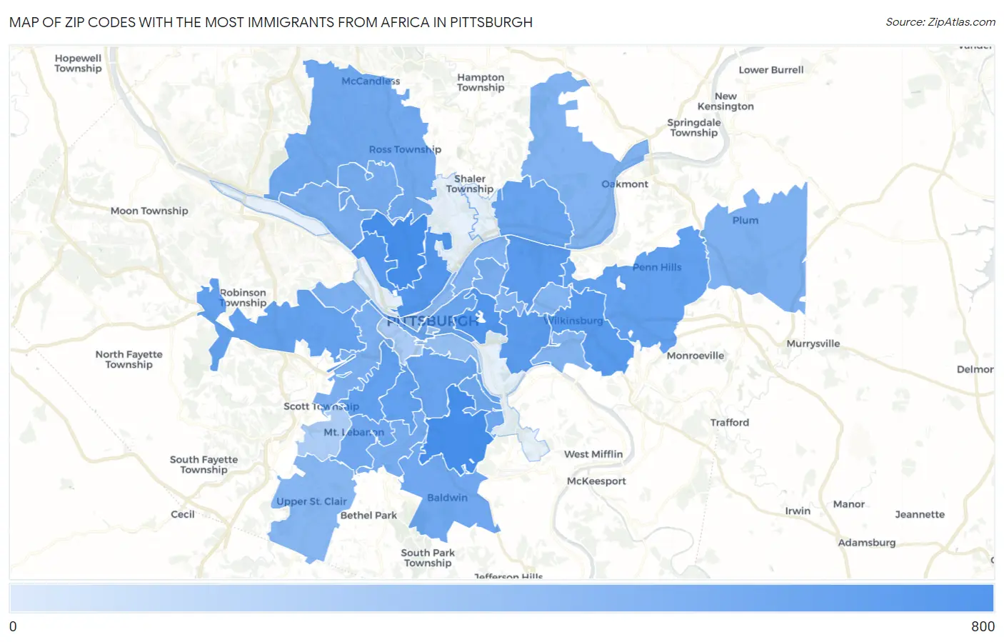 Zip Codes with the Most Immigrants from Africa in Pittsburgh Map