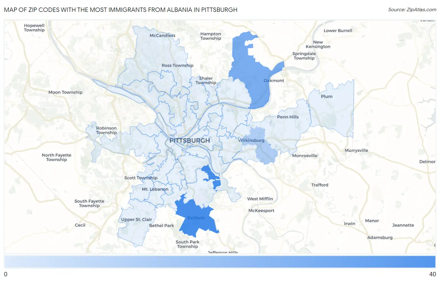 Zip Codes with the Most Immigrants from Albania in Pittsburgh Map