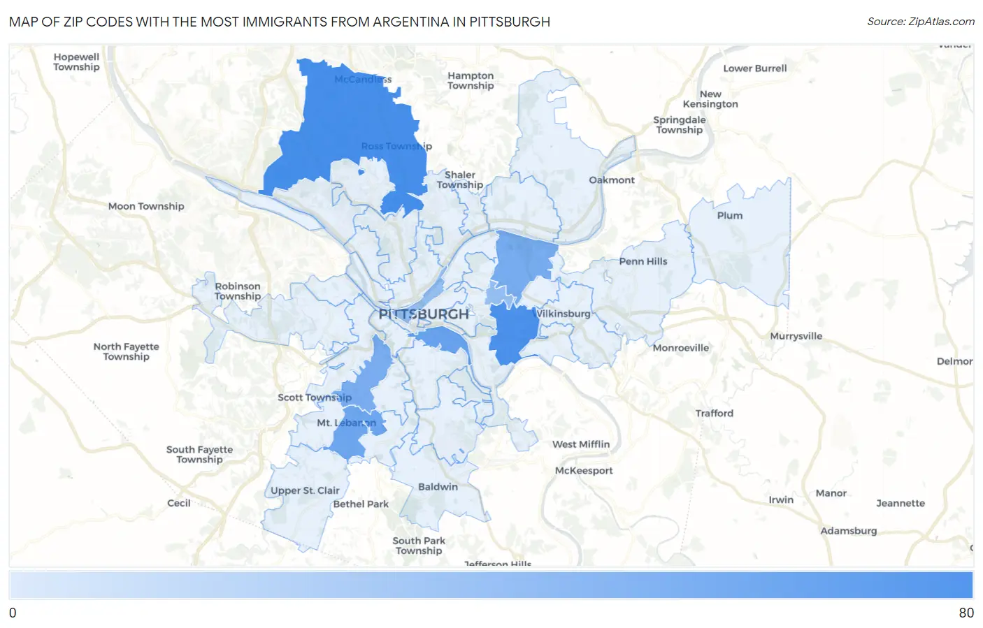 Zip Codes with the Most Immigrants from Argentina in Pittsburgh Map