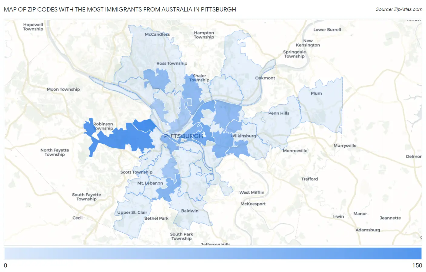 Zip Codes with the Most Immigrants from Australia in Pittsburgh Map