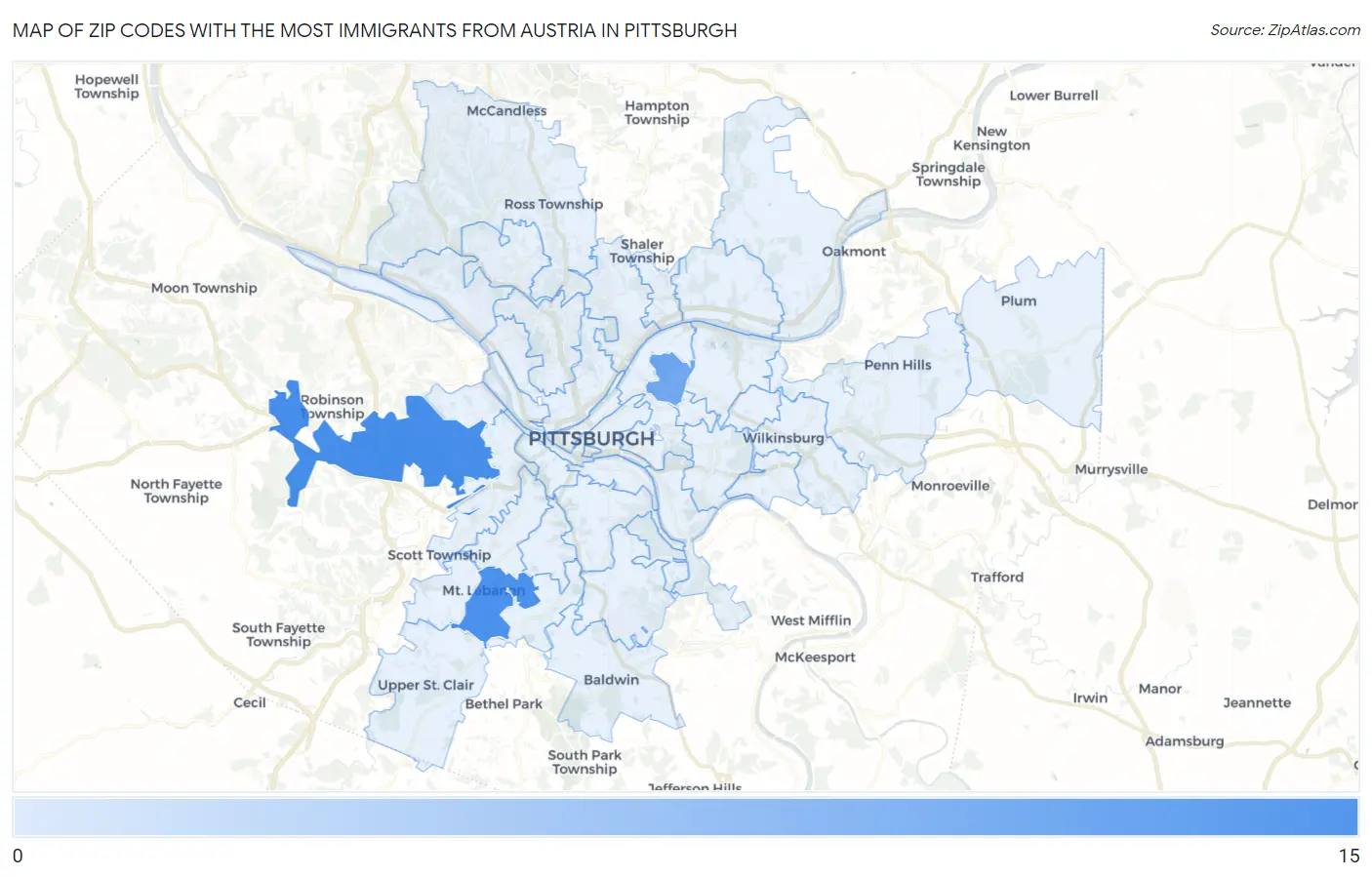 Zip Codes with the Most Immigrants from Austria in Pittsburgh Map