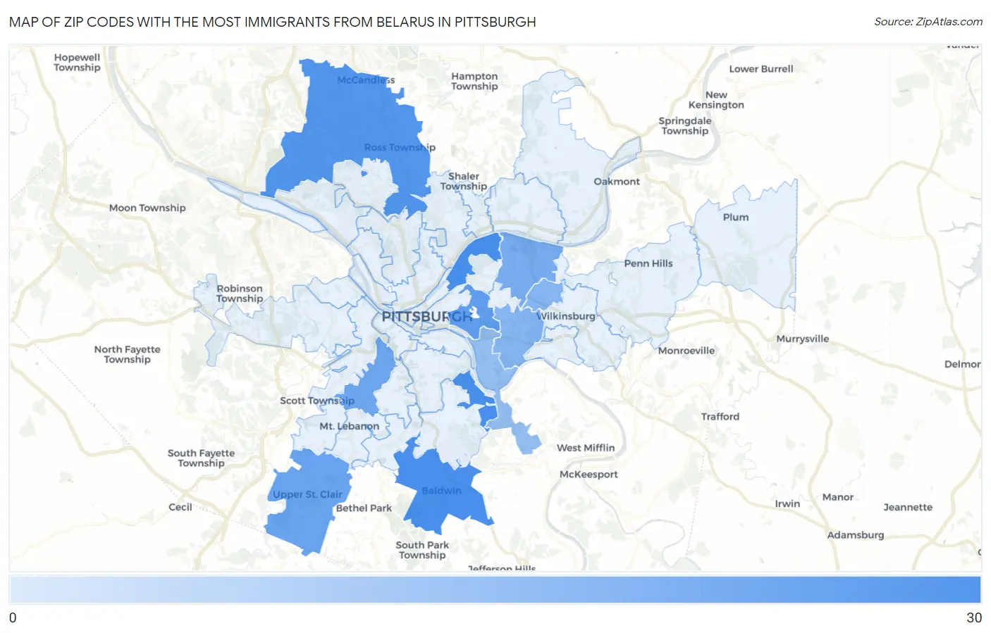 Zip Codes with the Most Immigrants from Belarus in Pittsburgh Map