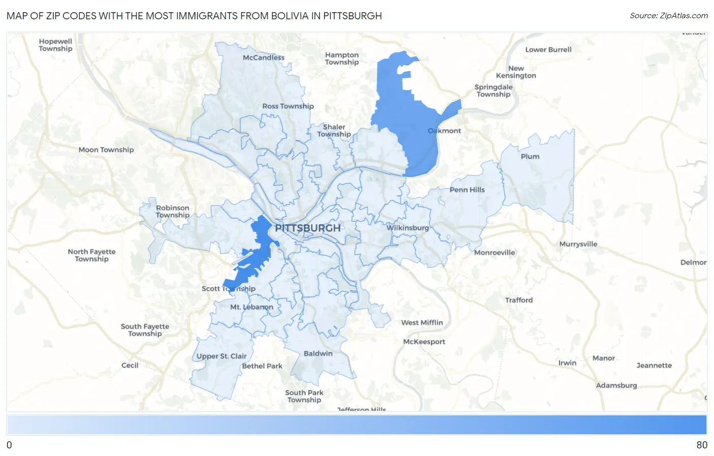 Zip Codes with the Most Immigrants from Bolivia in Pittsburgh Map