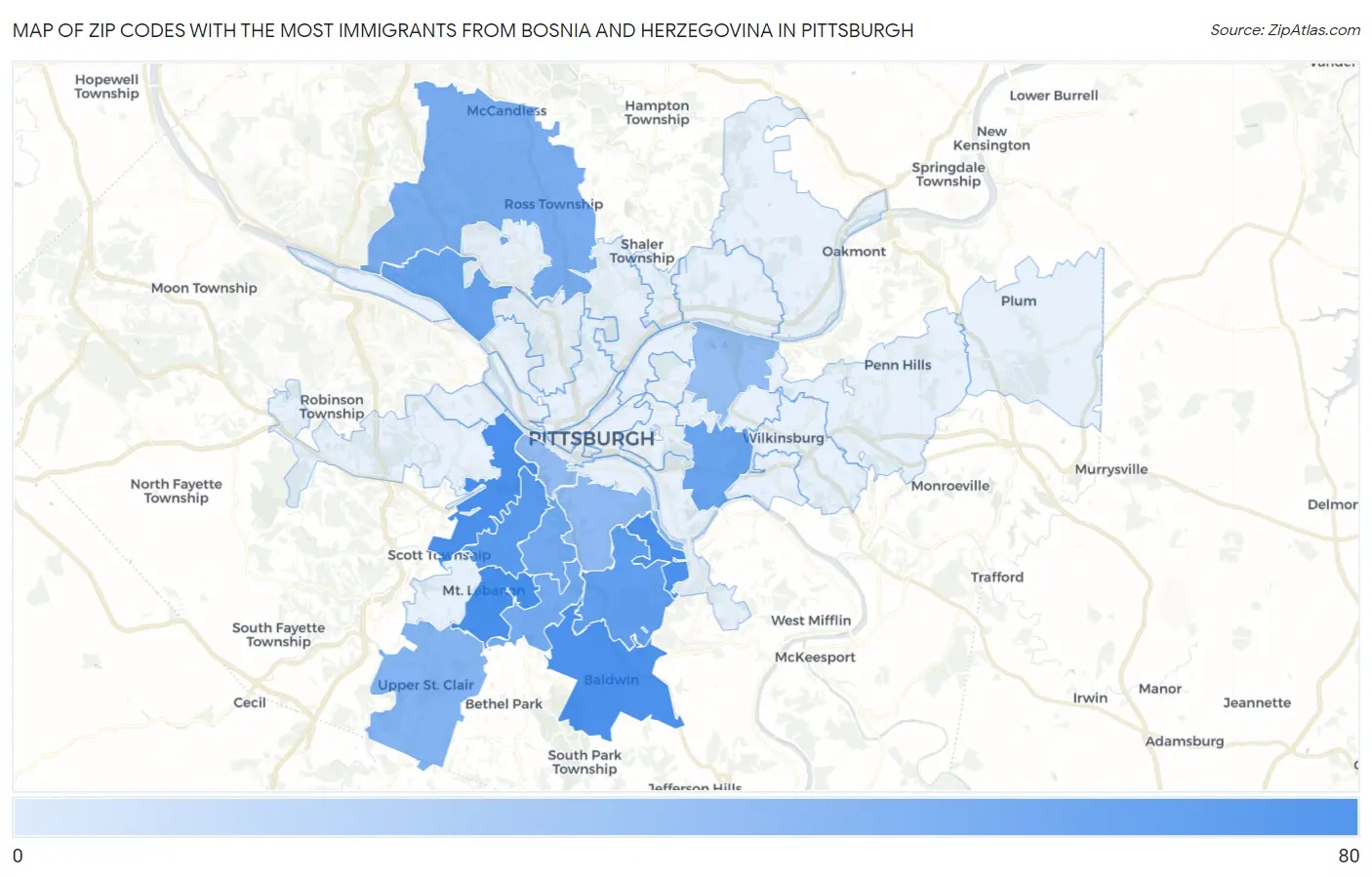 Zip Codes with the Most Immigrants from Bosnia and Herzegovina in Pittsburgh Map