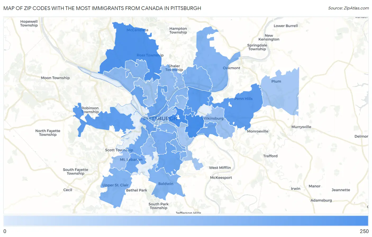 Zip Codes with the Most Immigrants from Canada in Pittsburgh Map