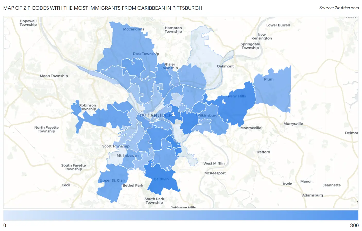 Zip Codes with the Most Immigrants from Caribbean in Pittsburgh Map