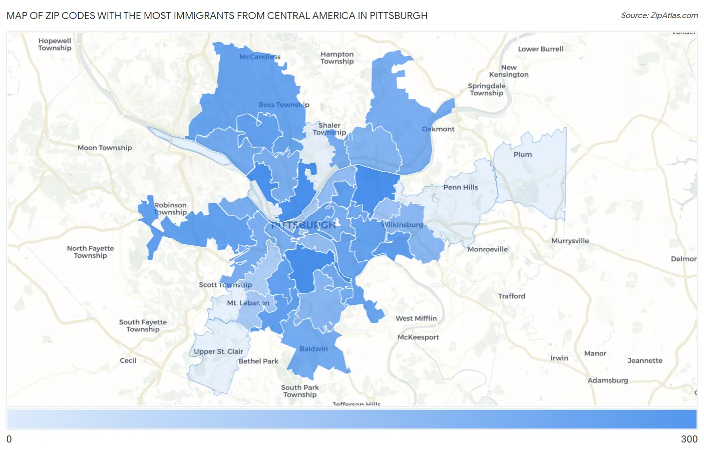 Zip Codes with the Most Immigrants from Central America in Pittsburgh Map