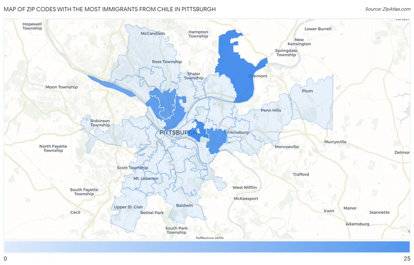Zip Codes with the Most Immigrants from Chile in Pittsburgh Map