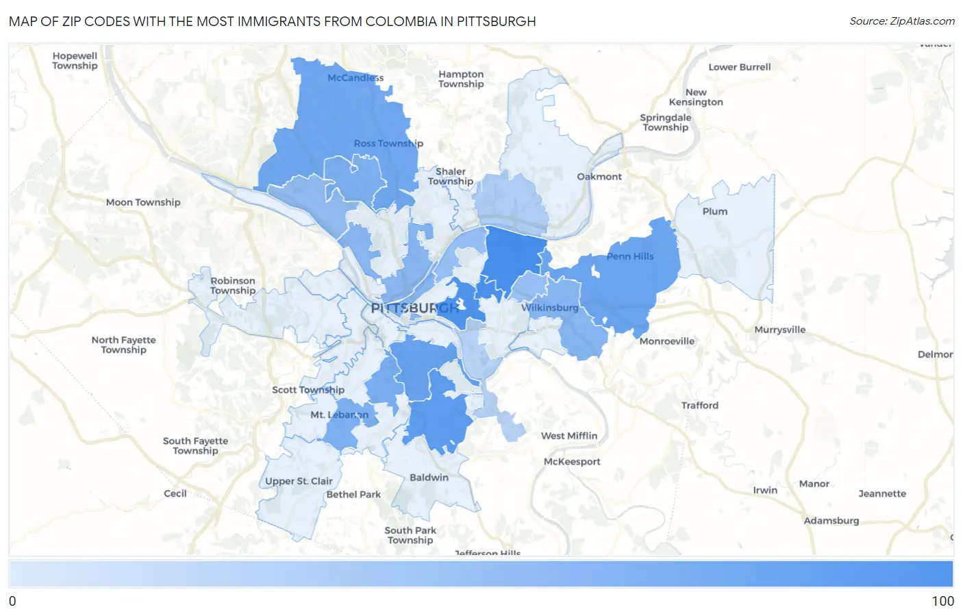 Zip Codes with the Most Immigrants from Colombia in Pittsburgh Map