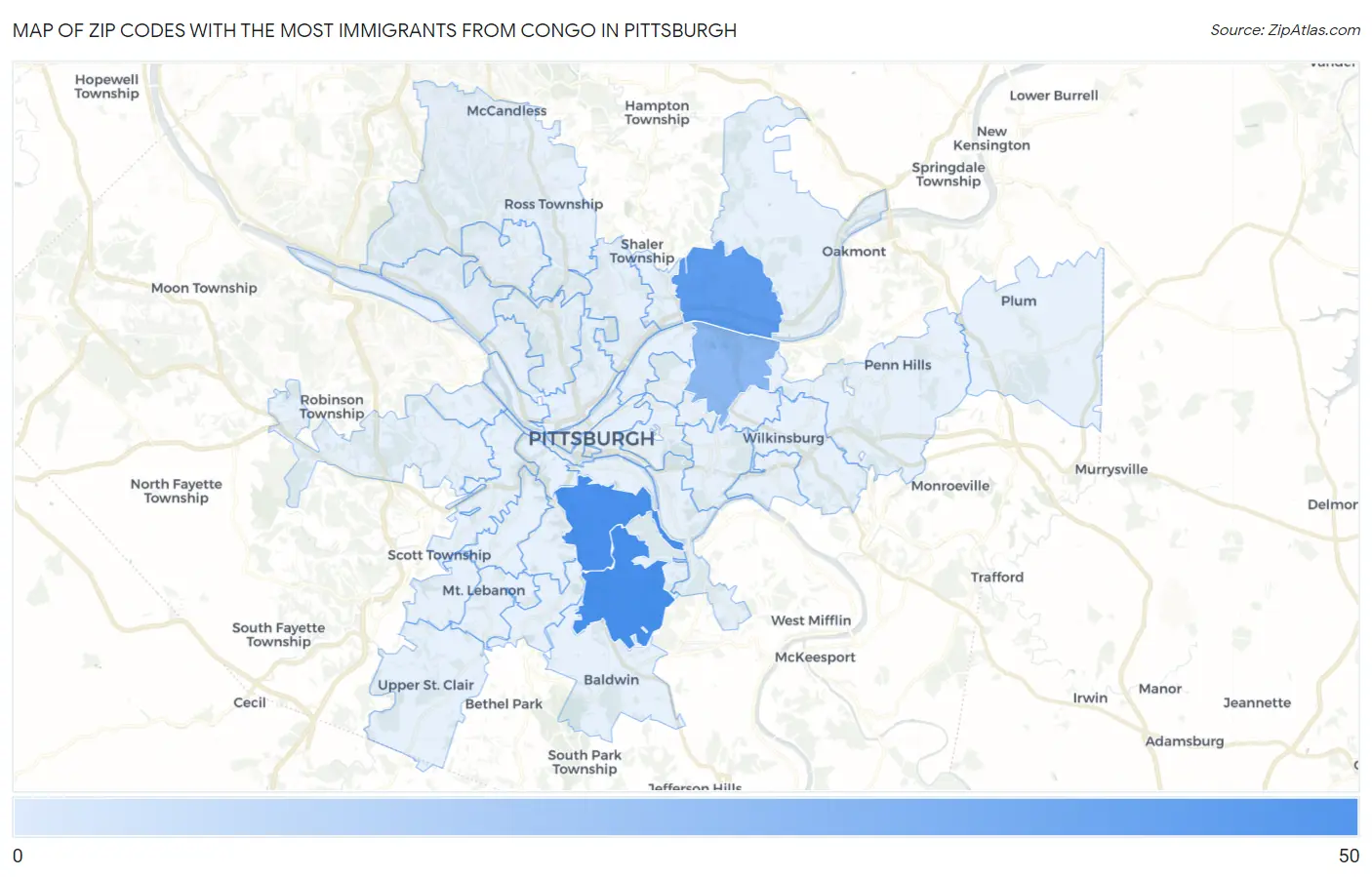 Zip Codes with the Most Immigrants from Congo in Pittsburgh Map